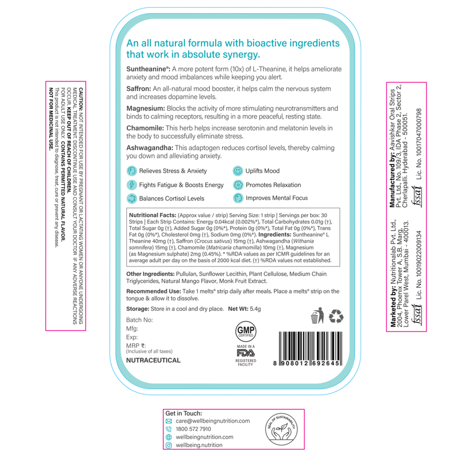 Wellbeing Nutrition Melts Calm & Relaxation Suntheanine L-theanine, Magnesium & Chamomile 30 Strips