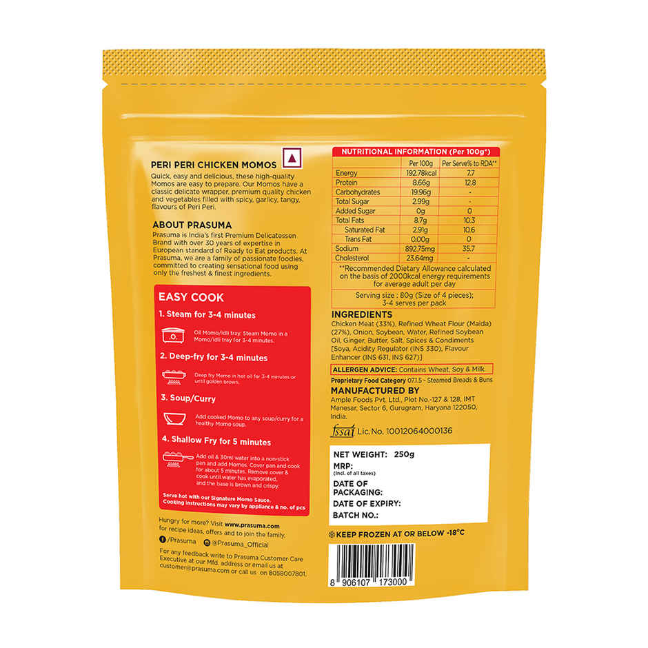 Prasuma Peri Peri Chicken Momos, 12 pcs | Tangy Chicken Filling | No Preservatives, MSG or Palm Oil