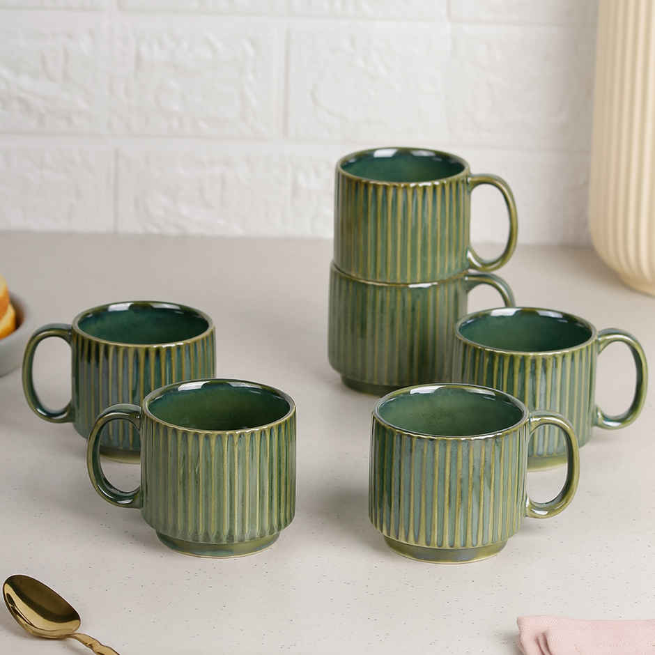 The Earth Store Glam Green Fringe Premium Stackable Ceramic Tea Cup | Green - 160 ml