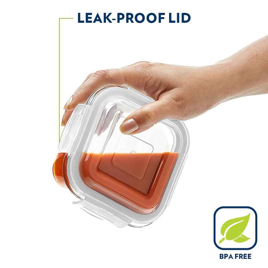 Borosil Klip n Store Lunchbox, 3pc Square Container (320ml Each), Unisex Borosilicate Glass Tiffin
