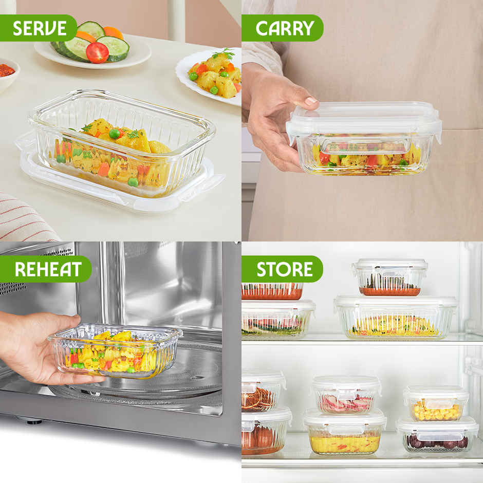 Borosil Fluted Klip N Store Rectangle Food Storage Container Borosilicate Glass Microwave Safe