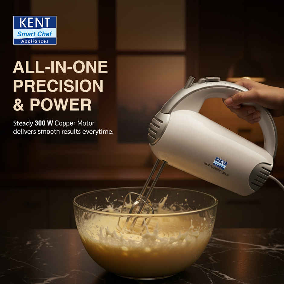 Kent 16051 Hand Blender 300 Watt, 5 Variable Speed Control, Multiple Beaters & Dough Hooks, Turbo Function, Plastic - White