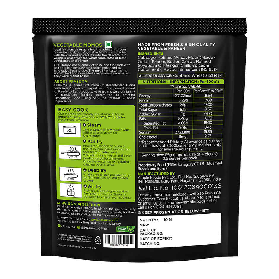 Prasuma Veg & Paneer Momos, 10 pcs | No Preservatives, MSG or Palm Oil | Only Fresh Paneer & Veggies