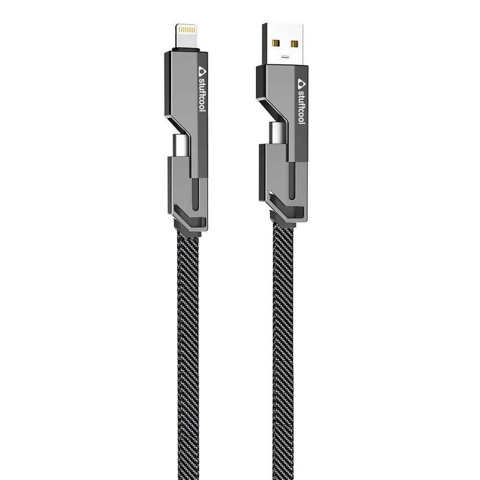 Stuffcool Quad Pro 4 in 1 Metal Flat Braided Indestructible Cable 1.5m 60W with lightning to type C, type C to C, Lighting to type A compatible for iPhones, iPads, Macbooks, Type C Laptops - Grey