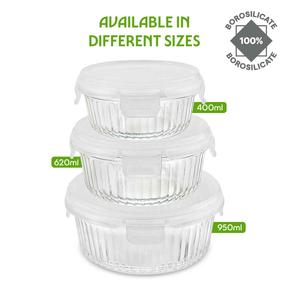 Borosil Fluted Klip N Store Round Food Storage Container Borosilicate Glass Microwave Safe