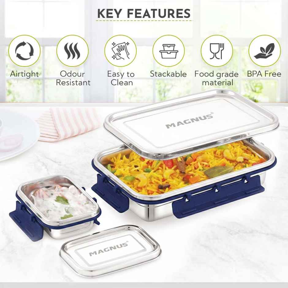 Magnus Dixie Stainless Steel Lunch Box - Airtight & Leak Proof Tiffin - Dark Blue