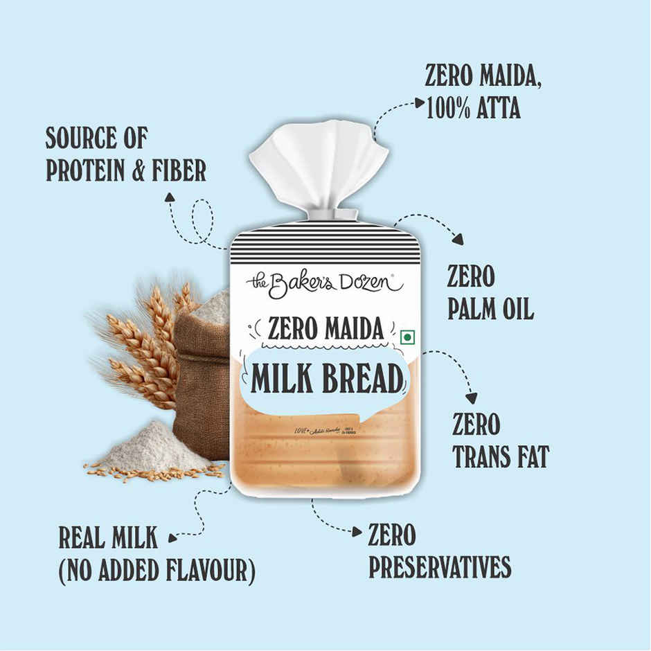 The Baker's Dozen Zero Maida Milk Bread | Atta Bread | Sandwich Bread | White bread | Clean Label