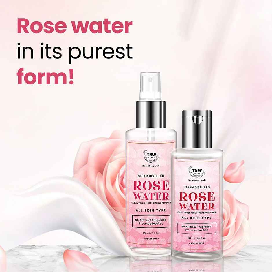 TNW The Natural Wash 100% Steam Distilled Rose Water Face Toner Spray, Make Up Remover & Hydration