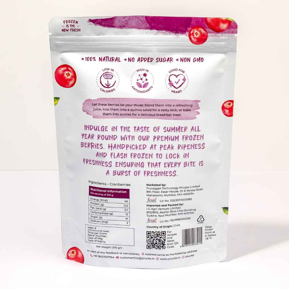 Pluckk Fresh Frozen Imported Blueberry Natural | Non Gmo | Rich In Antioxidants | Superfood Snack (200g) & Pluckk Frozen Cranberry (200g) Combo