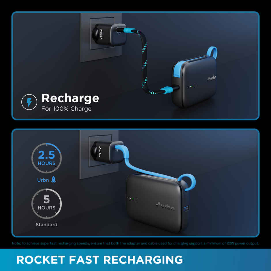 URBN 10000 mAh Nano Link Wired Power Bank with in-Built USB-C Cable| 22.5W Fast Charging | Type C PD (Input& Output) | Made in India | Two Way Fast Charge | for iPhone, Android & More - Black