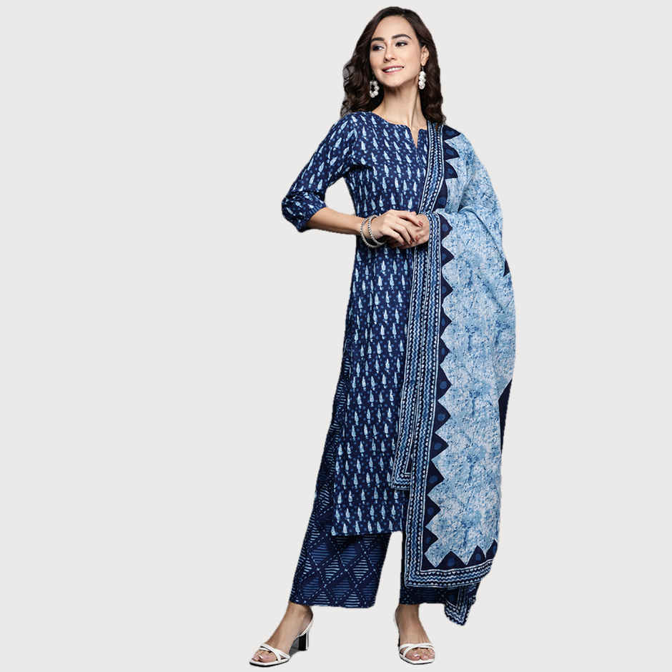Libas Women Blue Cotton Kurta And Blue Cotton Palazzo With Blue Cotton Dupatta - 20161Os