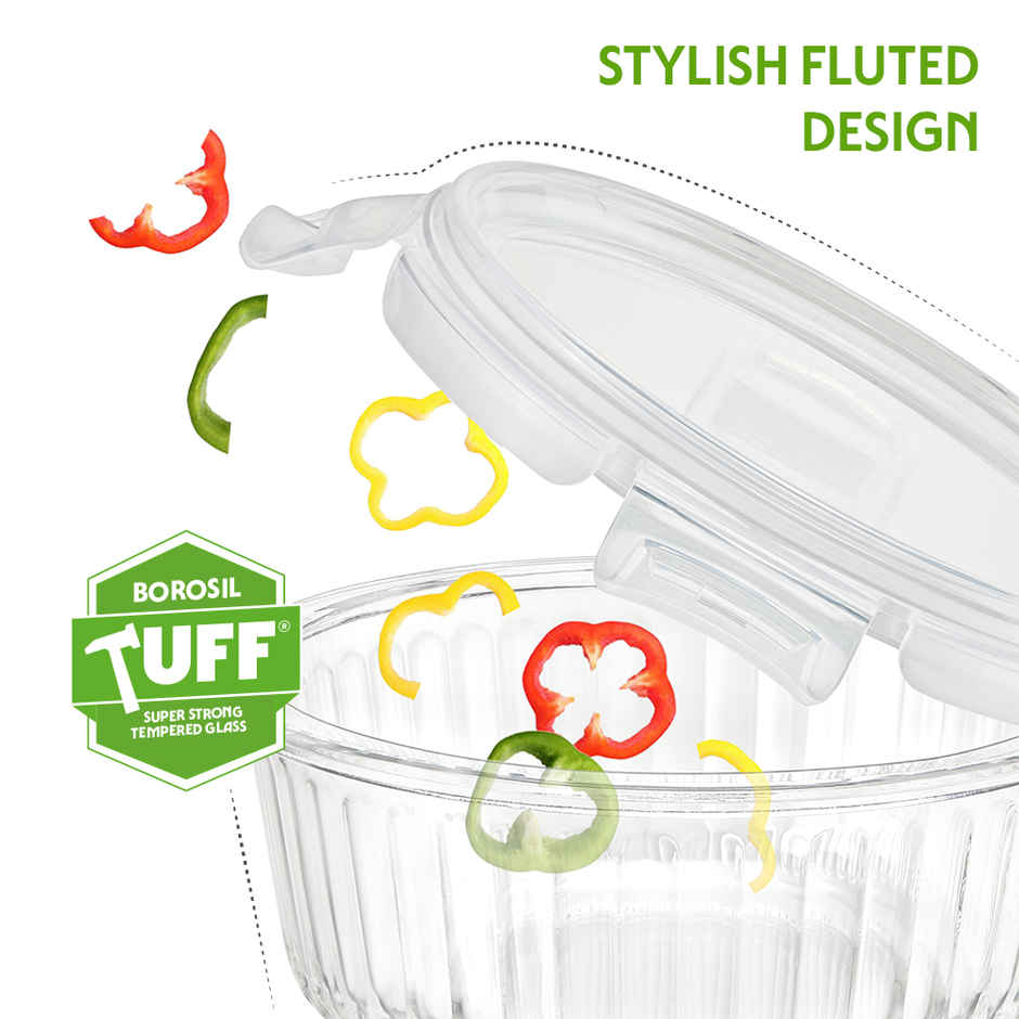 Borosil 620ml Fluted Klip N Store Round Food Storage Container Borosilicate Glass Microwave Safe