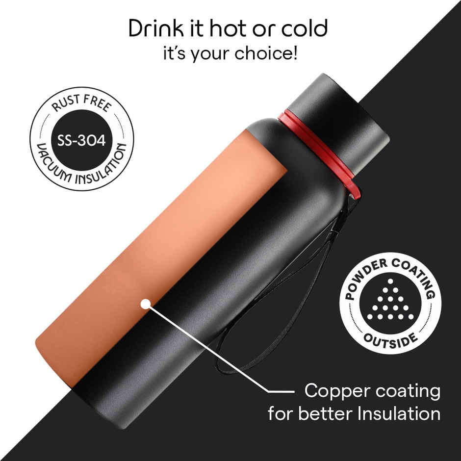 Borosil Hydra Trek Water Bottle | Stainless Steel Double Wall Vacuum Flask | Black | 700 ml