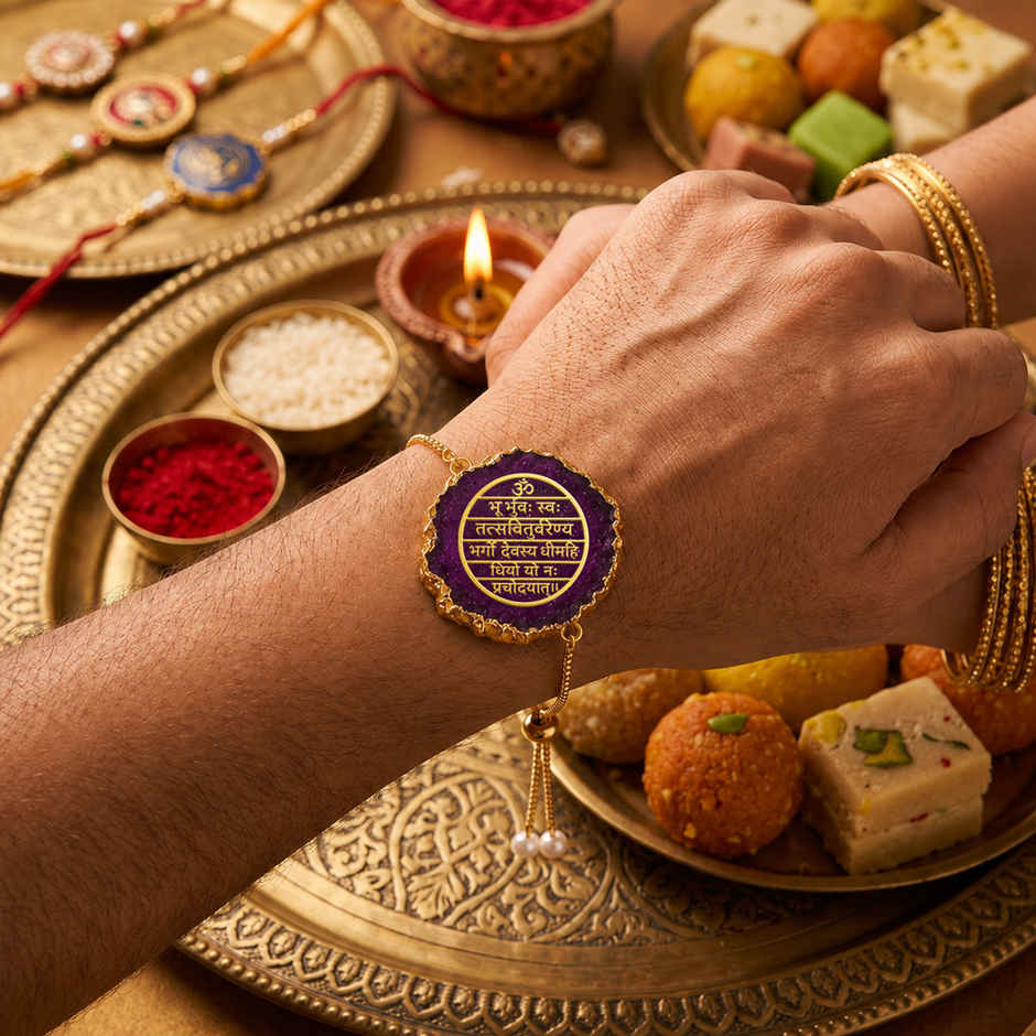 Navin Adjustable Chain String Rakhi with Mantra Charm | Violet | Bracelet | Pack of 1 | Cycle Pure