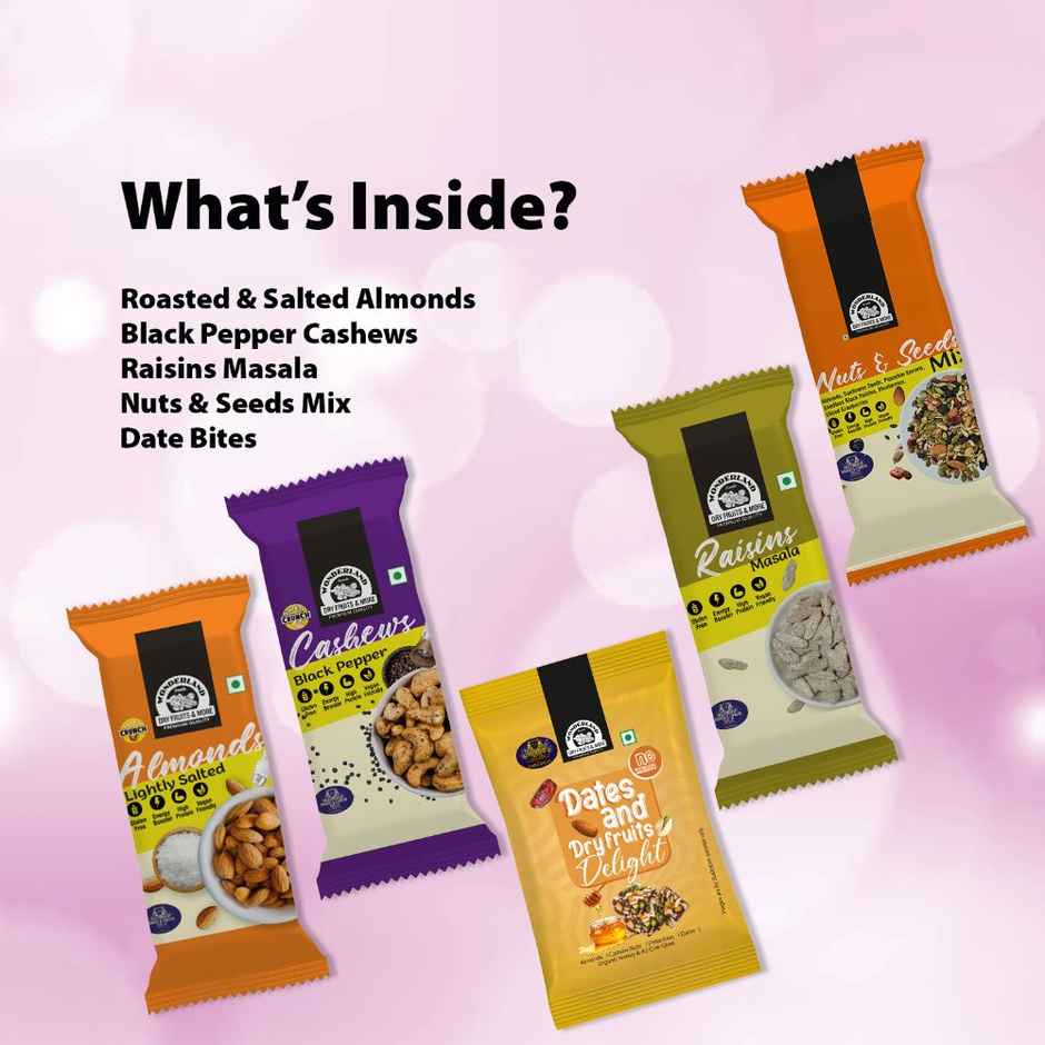 Wonderland Foods Snacking -California Almonds | Masala Raisin | Mixed Seeds | Cashew | Dates- Gift Box