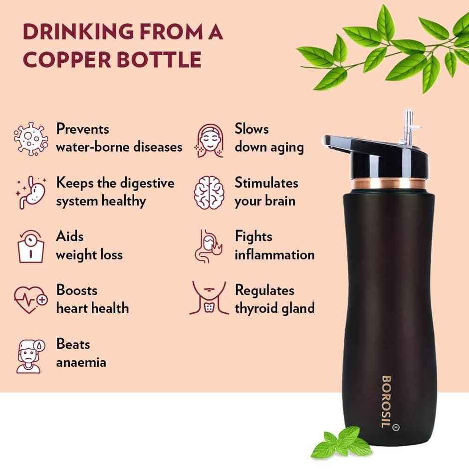 Borosil Brown Colour Copper Sipper Bottle 750 ml, 100% Pure Copper