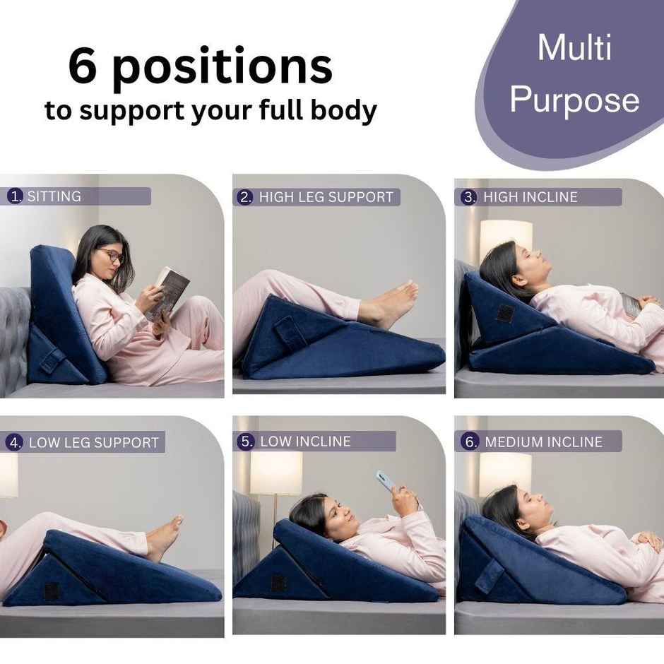 Wakefit Advanced Wedge Pillow Prevents Acid Reflux & Snoring Washable Velvet Cover | Dark Blue