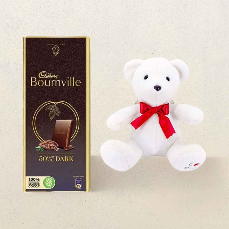 Cadbury Bournville Rich Cocoa Dark Chocolate Bar(80gms) & Dimpy Stuff_Bear With Ilu In Paws 22Cm(1pc) Combo