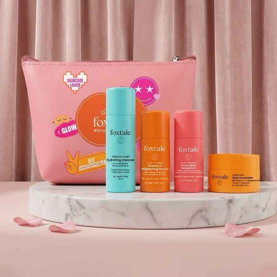 Foxtale Glow-On-The-Go Gift Set | Mini Cleanser, Serum, Moisturizer & Sunscreen + Pouch
