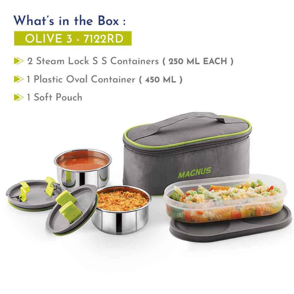 Magnus Olive 3 Lunch Box Set Leak-Proof Steel Containers for School with Insulated Bag (950 ml)
