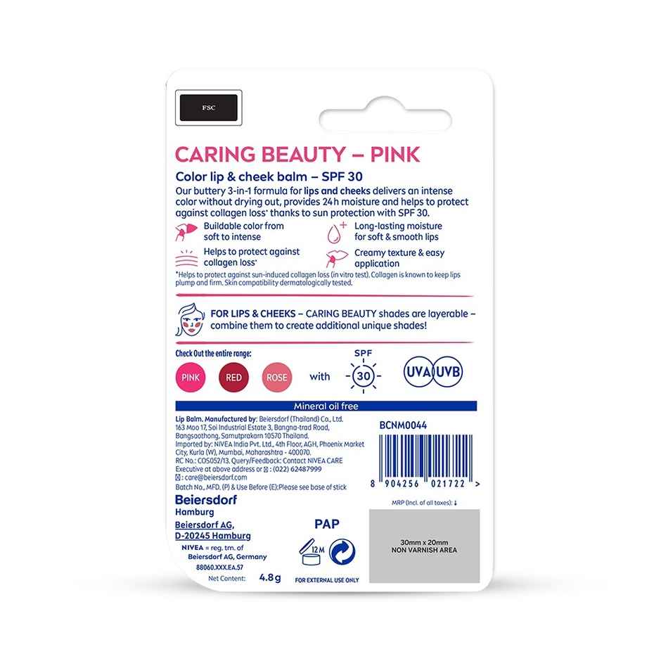 NIVEA Lip Caring Beauty Pink Lip Balm | Lip & Cheek Tint with SPF 30