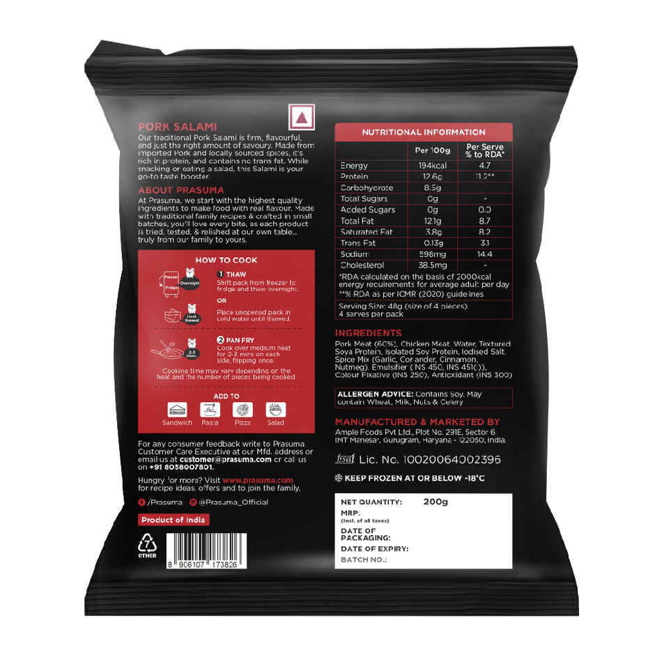Prasuma Pork Salami | Premium Pork | German Traditional Recipe | No Preservatives or Trans Fat