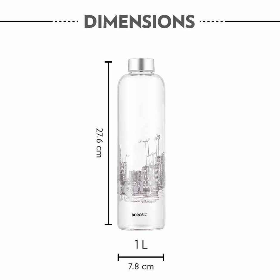 Borosil Roma Narrow Mouth Bottle with Metal Lid | Borosilicate Glass | Dishwasher Safe - 1 L