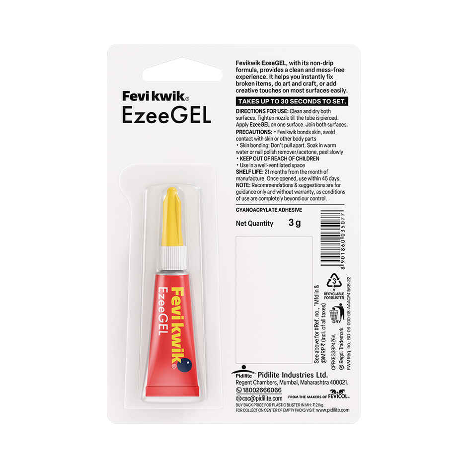 Fevikwik Gel | Instant glue for repair | No spillage | Clear non drip formula | Extra repair time