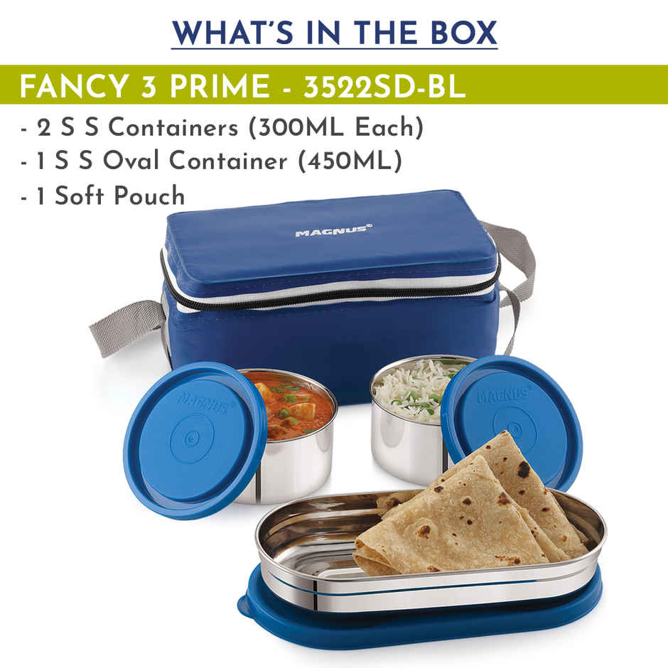Magnus Fancy 3 Prime Steel Lunch Box Set With Stainless Steel Contianers And Stylish Carry Bag