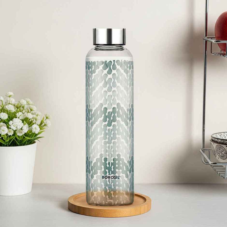 Borosil Vista Narrow Mouth Bottle with Metal Lid Borosilicate Glass Dishwasher Safe