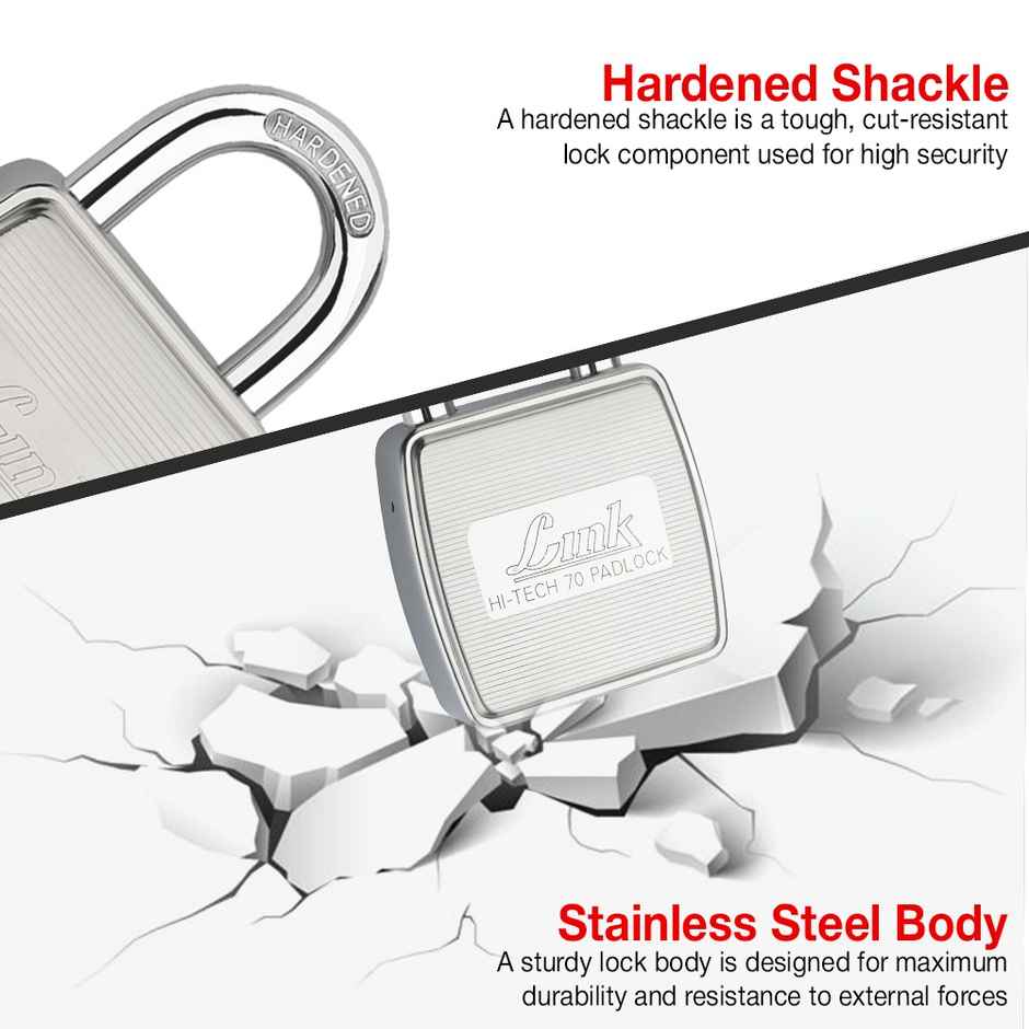 Link Stainless Steel Hi-Tech HT-70mm Lock with Hardened Shackle & 3 Keys
