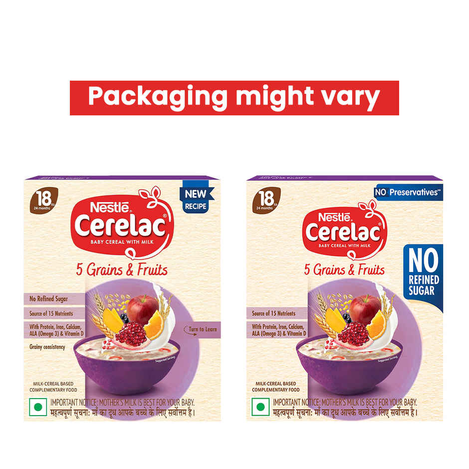 Nestle Cerelac 5 Grains & Fruits Baby Food Cereal, No Refined Sugar & No Preservatives, 18 to 24 Months Baby