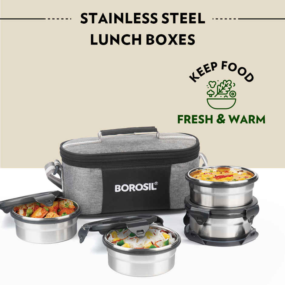 Borosil Feast Stainless Steel Lunchbox with Carry Bag Universal Tiffin for Office School College
