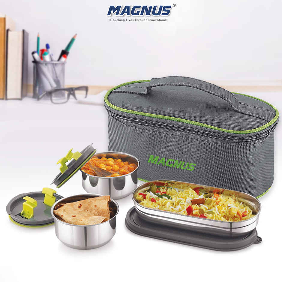Magnus Olive-3 Prime Stainless Steel Lunchbox With Leak-Proof Containers & Insulated Carry Case