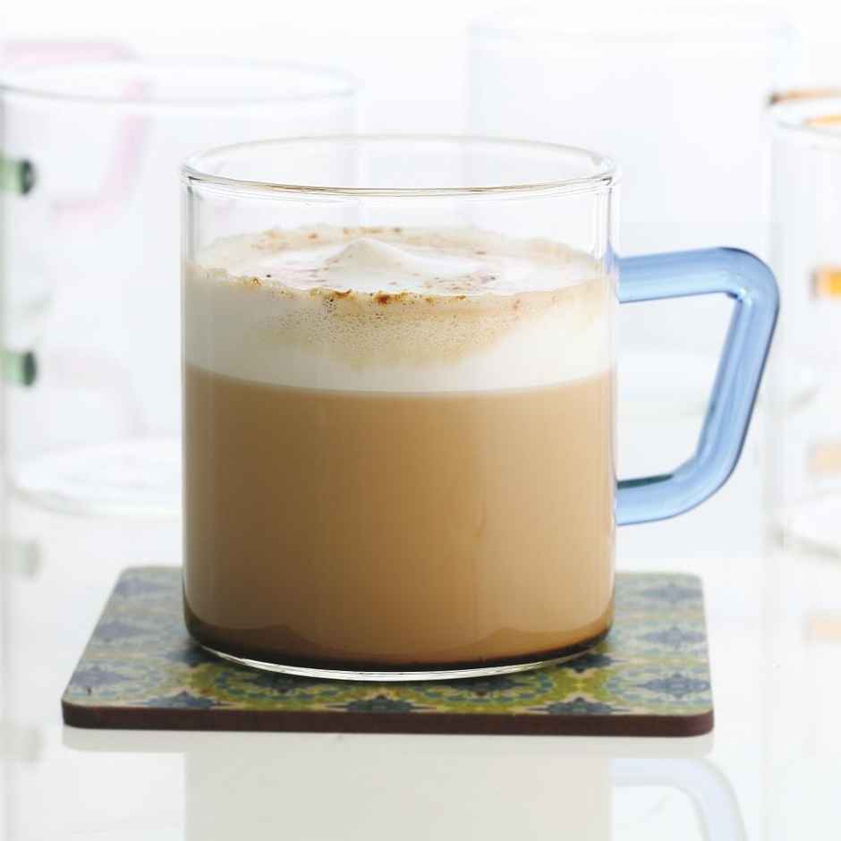 Borosil Vision Classic Mug Set With Blue Handle (190 ml) | Borosillicate Glass | Microwave Safe