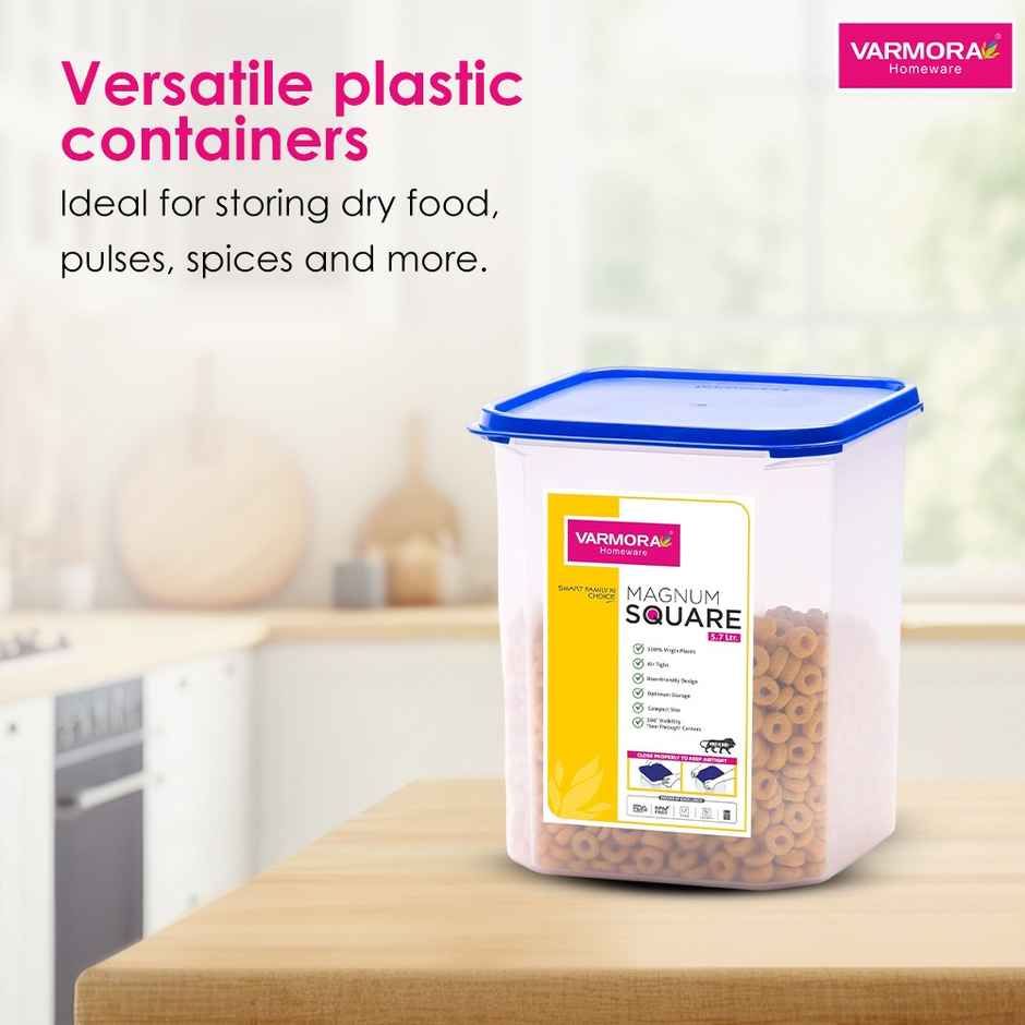 Varmora Magnum Square Storage Container- Transparent - Blue Lid- Air-Tight- 5700ml