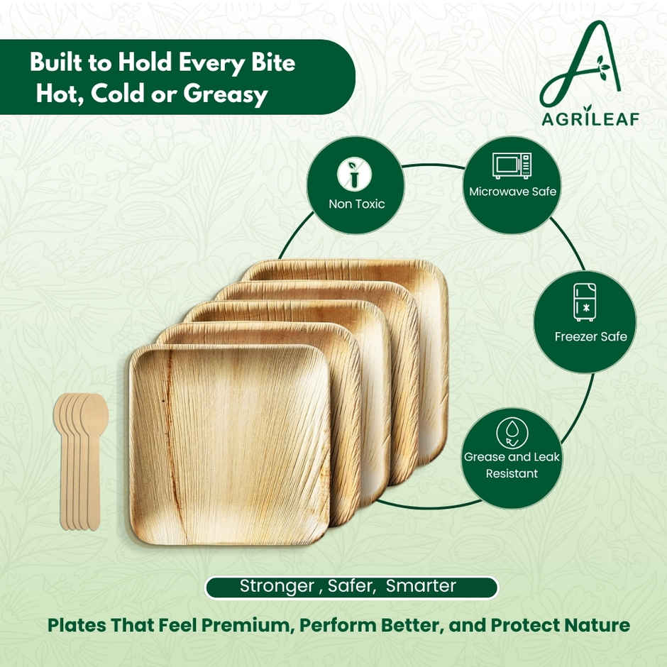 AGRILEAF 10 Inch Square Areca Palm Leaf Disposable Plates with Spoons | 5 Plates + 5 Spoons
