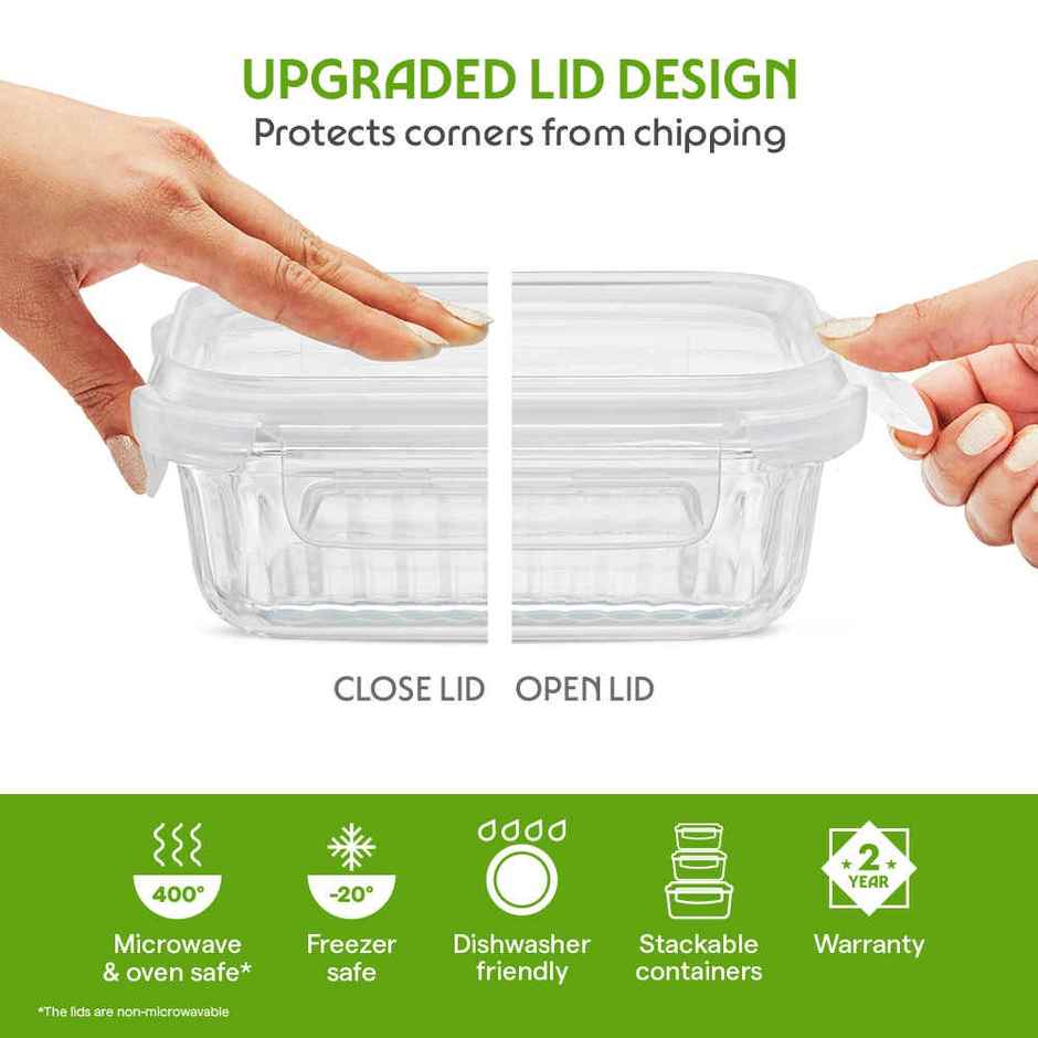 Borosil Fluted Klip N Store Rectangle Food Storage Container Borosilicate Glass Microwave Safe