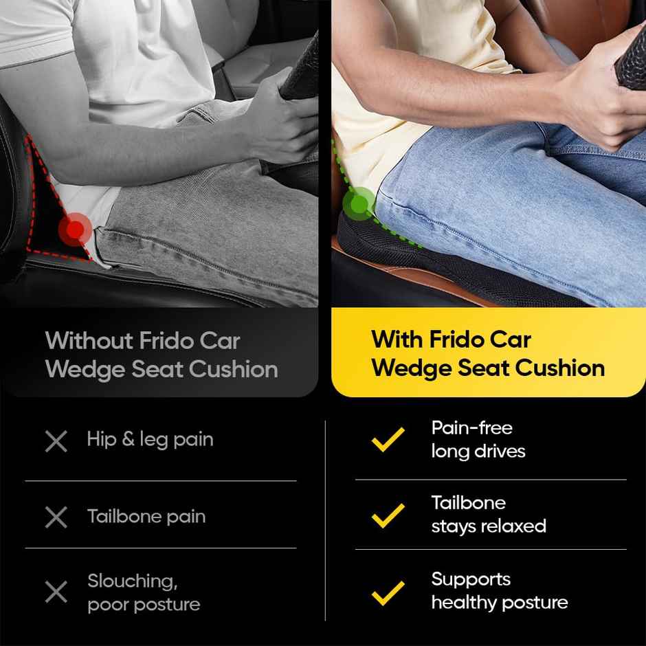 Frido Ultimate Car Wedge Seat Cushion | Memory Foam Cushion Weight <120 kg | Black