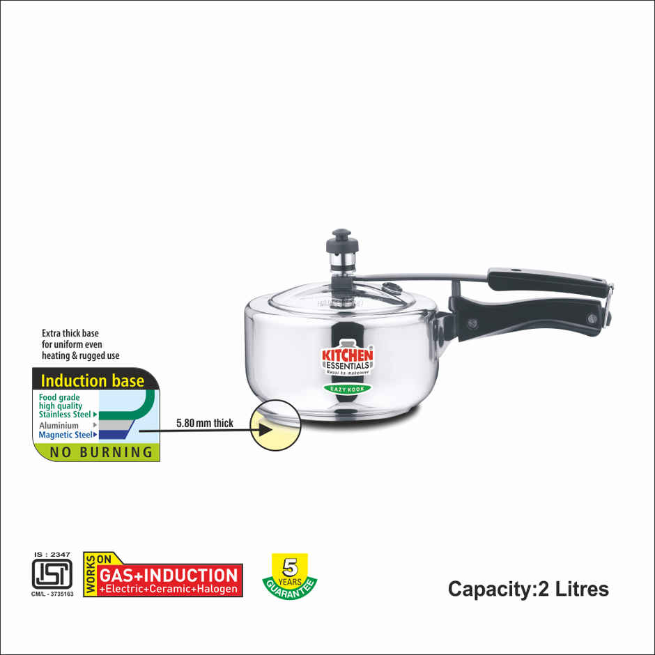 Kitchen Essentials Stainless Steel Eazy Kook Induction Bottom Pressure Cooker-2Ltr (Inner Lid)