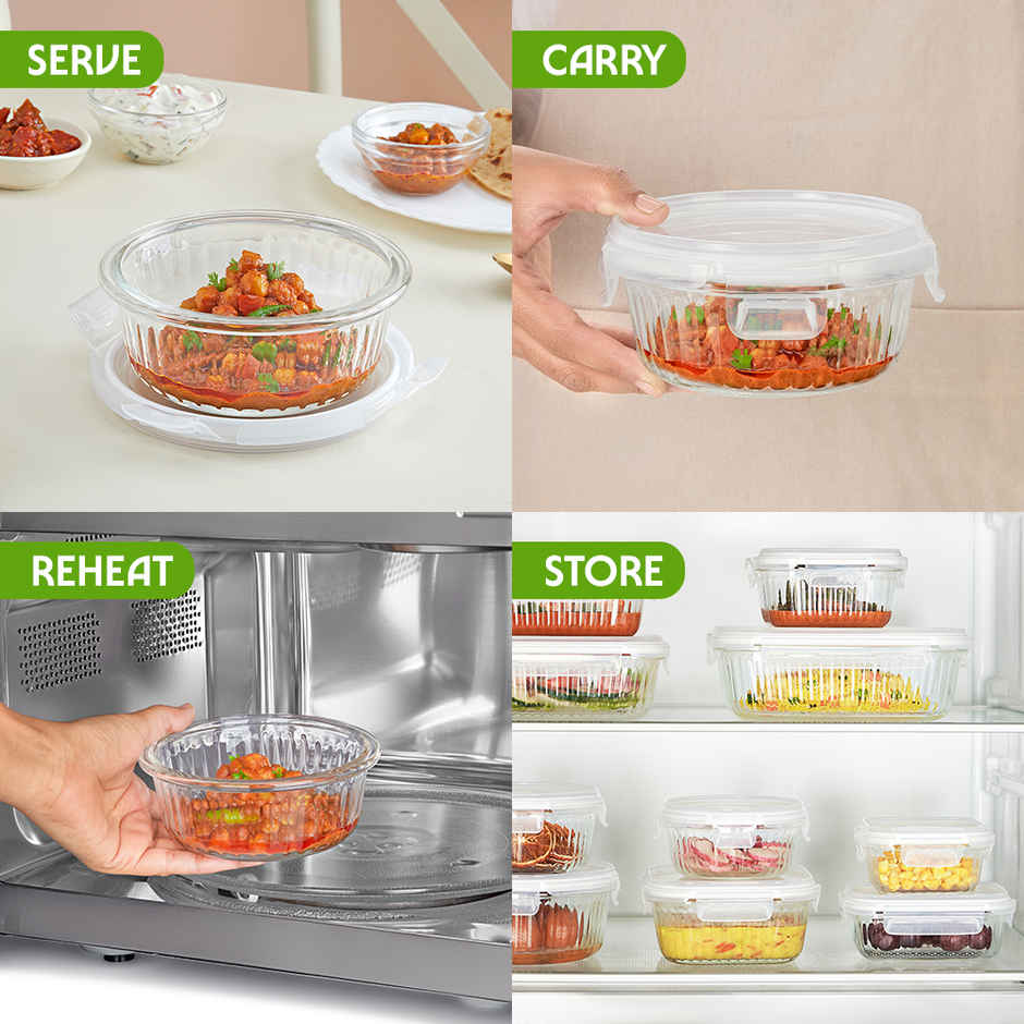 Borosil Fluted Klip N Store Round Food Storage Container Borosilicate Glass Microwave Safe