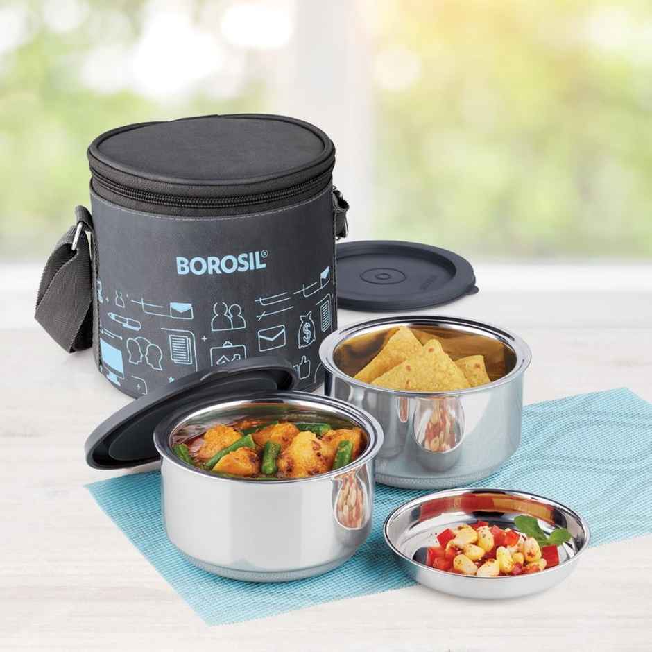 Borosil Carry Fresh Stainless Steel Insulated Lunch Box With Bag (280 ml + 280 ml) - Vertical