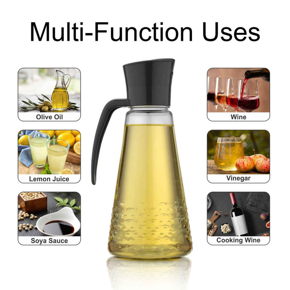 ReeQ Plastic Oil Dispenser Bottle with Handle | Transparent with Black Lid