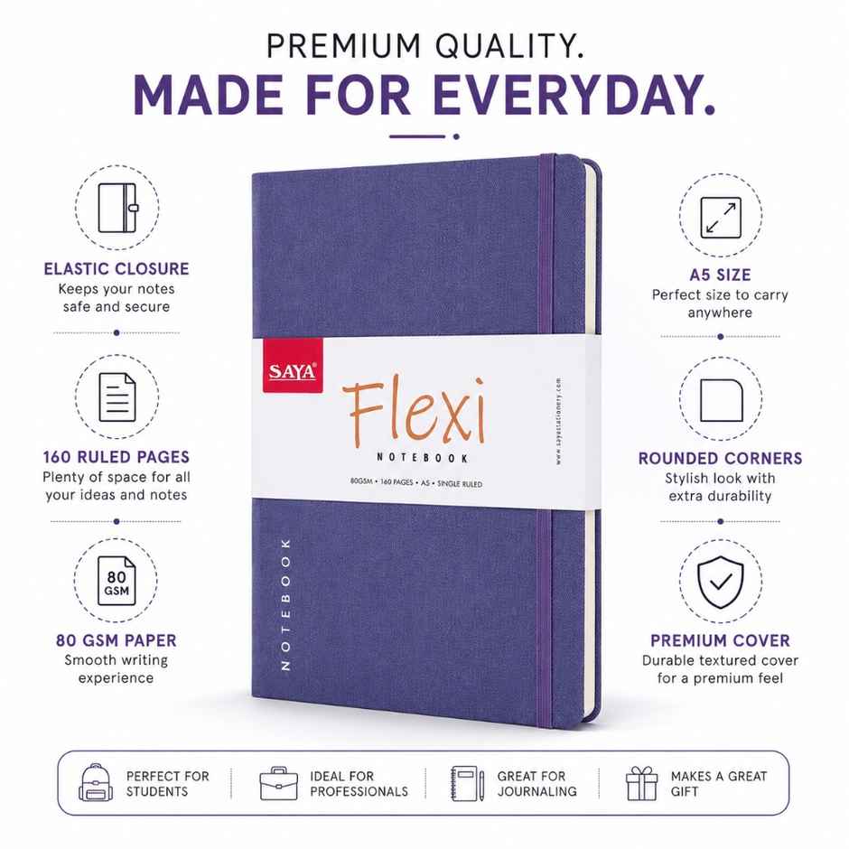 Saya A5 Flexi Notebook | Elastic Closure | Inside Pockets & Premium Writing Paper