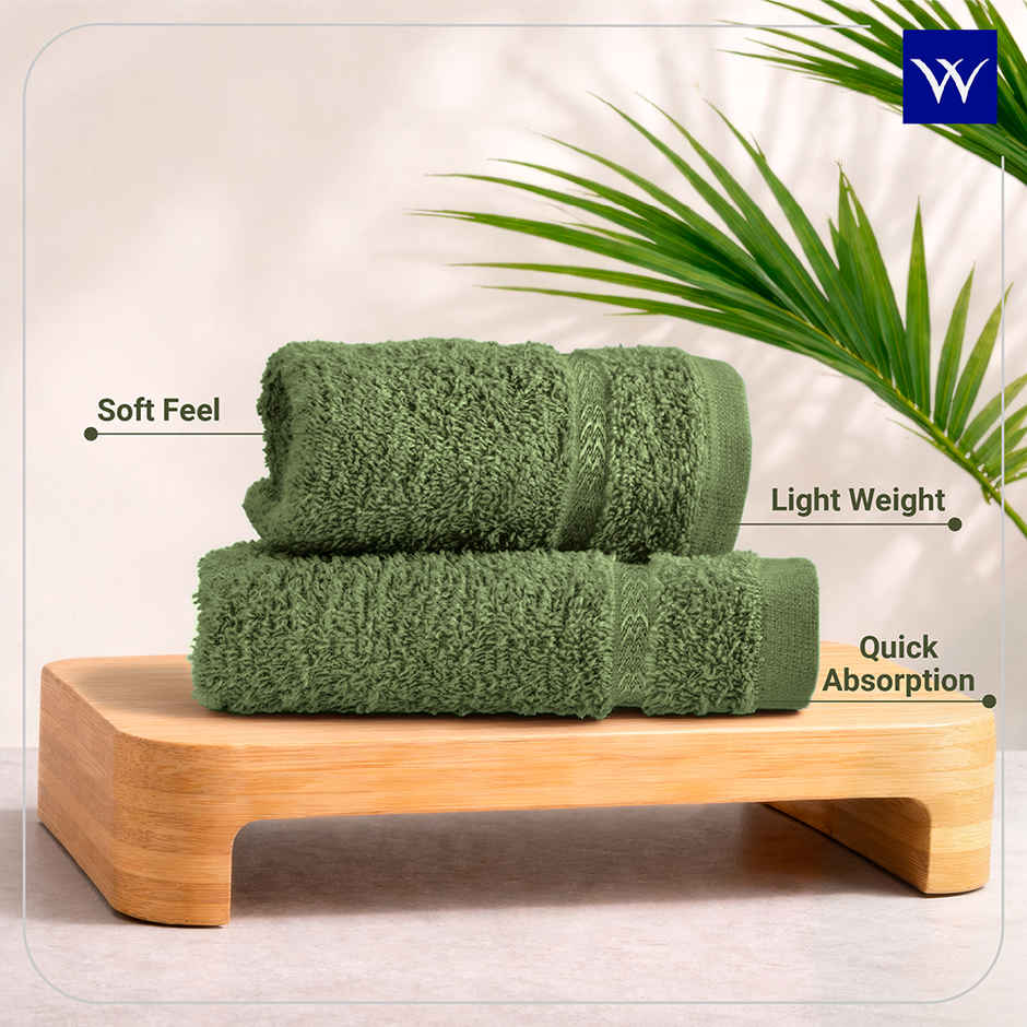 Welspun Quick Dry Cotton Dobby Weave Super Absorbent Ultra Soft Hand Towels Set | Green