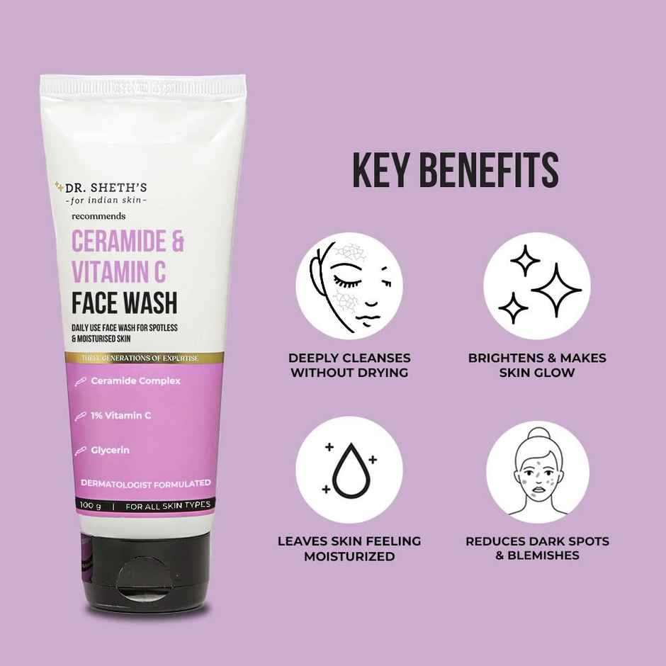 Dr. Sheth's Ceramide & Vitamin C Brightening Face Wash |Cleanses, Hydrates, Reduces Dark Spots