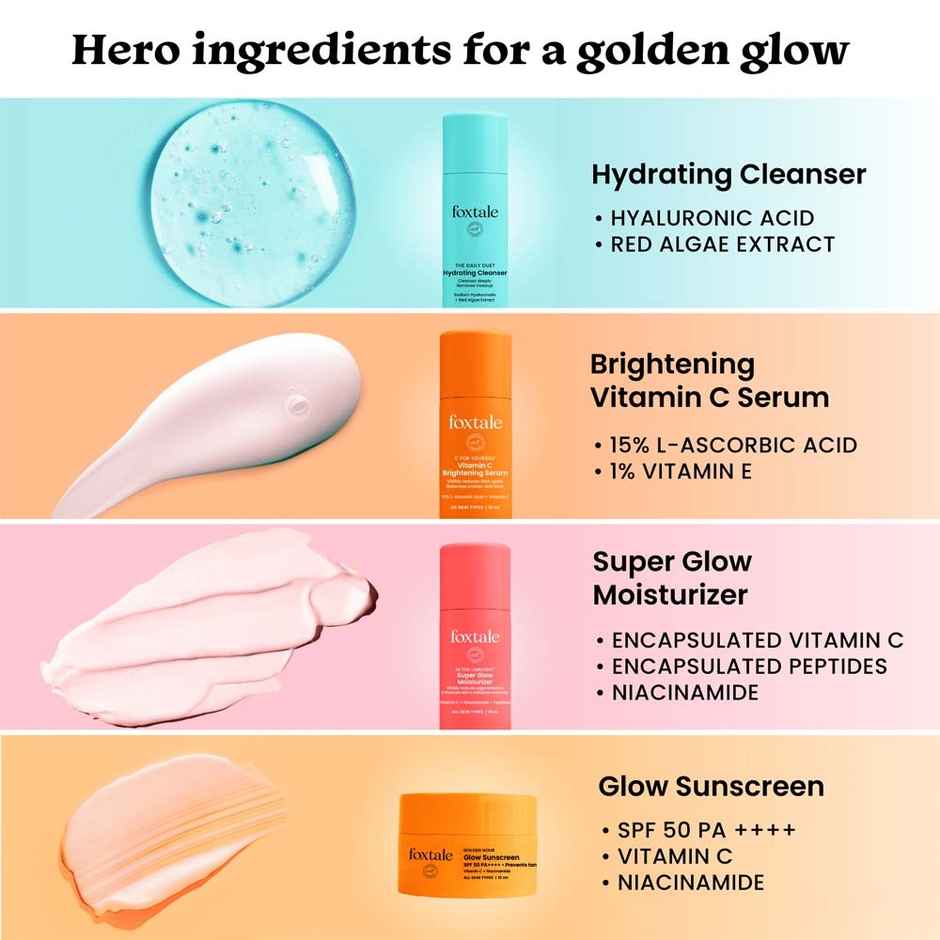 Foxtale Glow-On-The-Go Gift Set | Mini Cleanser, Serum, Moisturizer & Sunscreen + Pouch