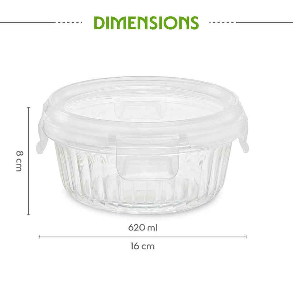 Borosil 620ml Fluted Klip N Store Round Food Storage Container Borosilicate Glass Microwave Safe