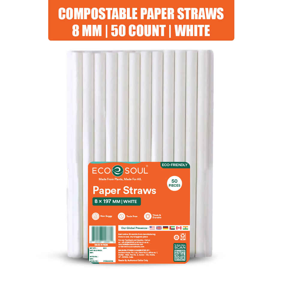 Eco Soul 8mm White | 50 Count | Paper Straw