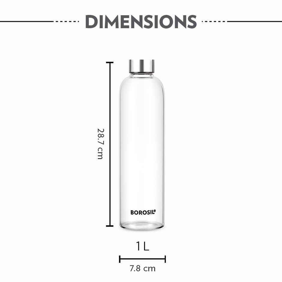 Borosil Crysto Narrow Mouth Borosilicate Glass Water Bottle with Steel Lid | 1 L